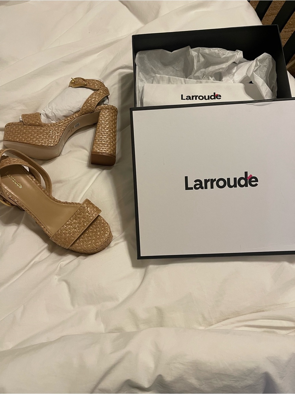 Larroude Beige Woven Platform Sandals